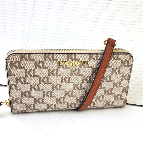 Karl Lagerfeld Handbags - Karl Lagerfeld Monogram Brown Leather Wristlet Taupe Women's Crossbody